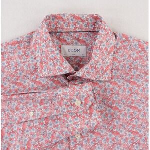 Eton Signature Twill Dress Shirt Mens 15.5 39 Red Blue Floral Slim Fit LS